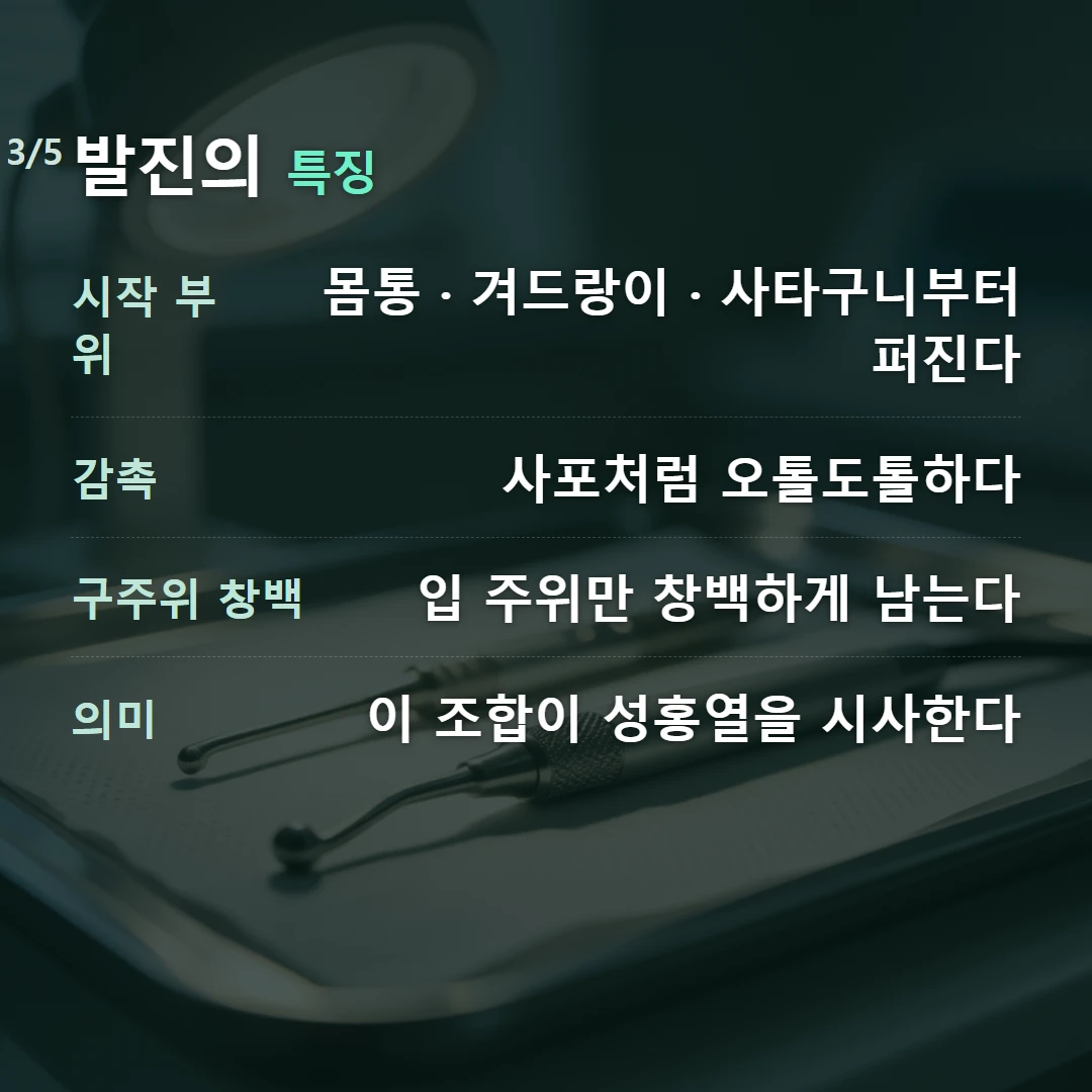 발진의 특징 — 시작 부위 몸통 · 겨드랑이 · 사타구니부터 퍼진다, 감촉 사포처럼 오톨도톨하다, 구주위 창백 입 주위만 창백하게 남는다, 의미 이 조합이 성홍열을 시사한다
