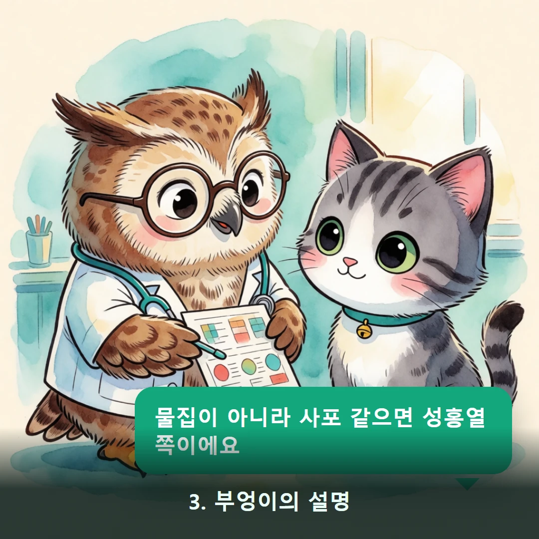 웹툰 3컷 — 3. 부엉이의 설명 (물집이 아니라 사포 같으면 성홍열 쪽이에요)
