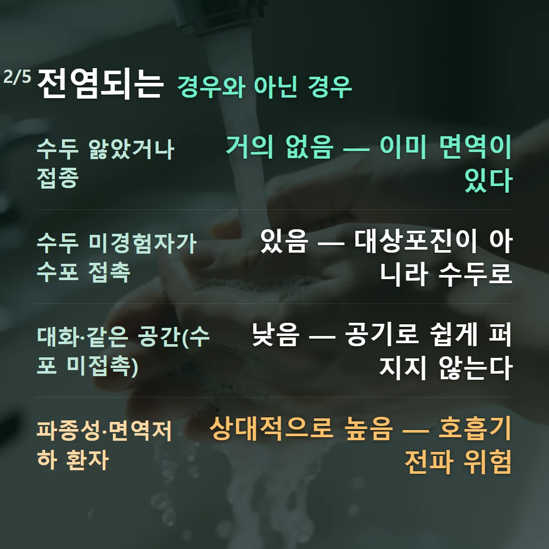 전염되는 경우와 아닌 경우 — 수두 앓았거나 접종 거의 없음 — 이미 면역이 있다, 수두 미경험자가 수포 접촉 있음 — 대상포진이 아니라 수두로, 대화·같은 공간(수포 미접촉) 낮음 — 공기로 쉽게 퍼지지 않는다, 파종성·면역저하 환자 상대적으로 높음 — 호흡기 전파 위험
