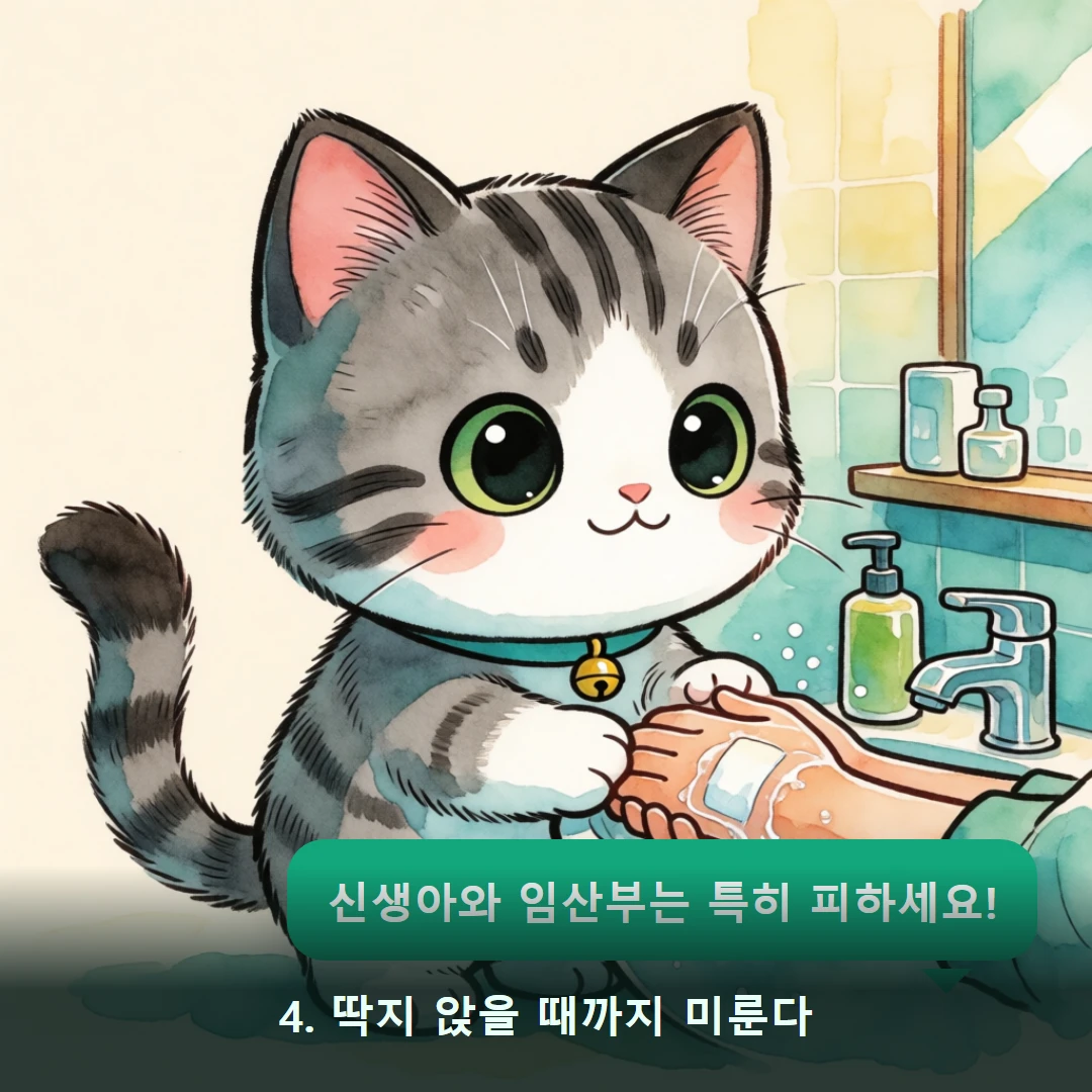 웹툰 4컷 — 4. 딱지 앉을 때까지 미룬다 (신생아와 임산부는 특히 피하세요!)