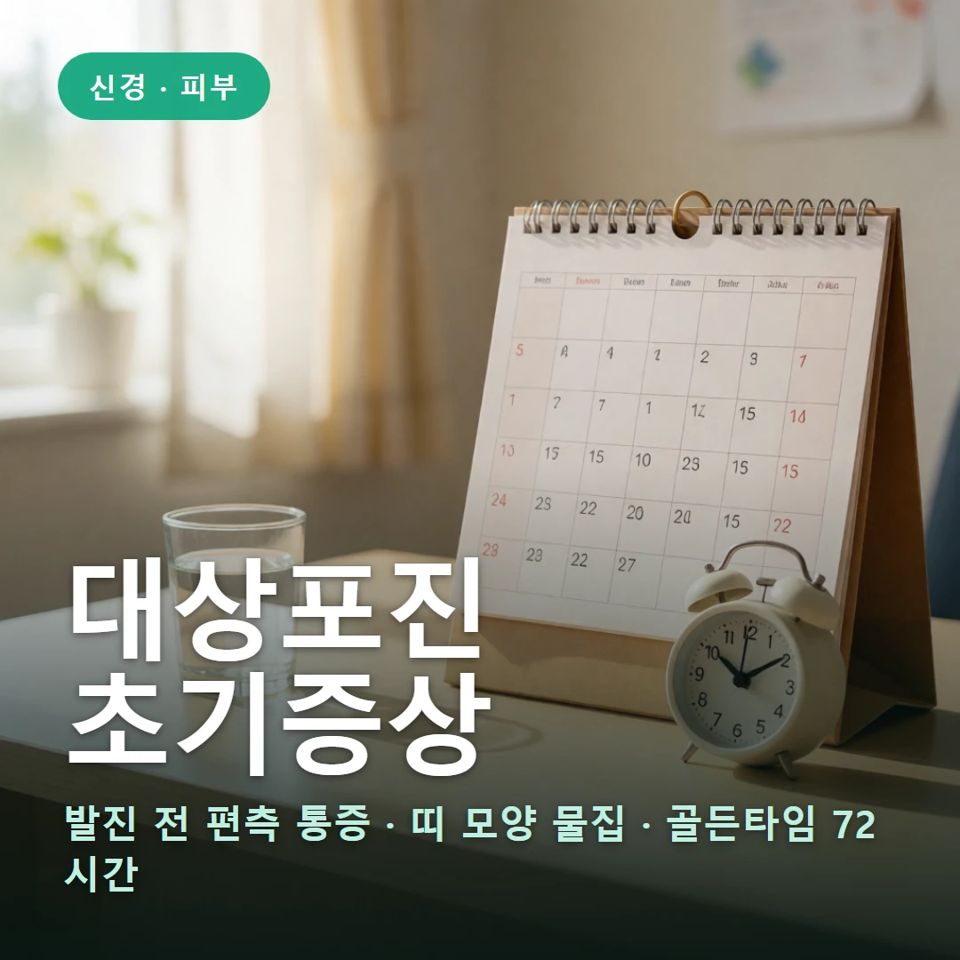대상포진 초기증상 요약 표지 — 발진 전 편측 통증 · 띠 모양 물집 · 골든타임 72시간