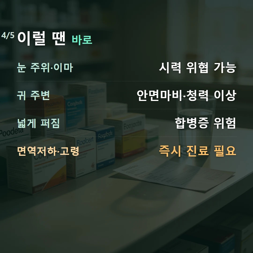 이럴 땐 바로 — 눈 주위·이마 시력 위협 가능, 귀 주변 안면마비·청력 이상, 넓게 퍼짐 합병증 위험, 면역저하·고령 즉시 진료 필요