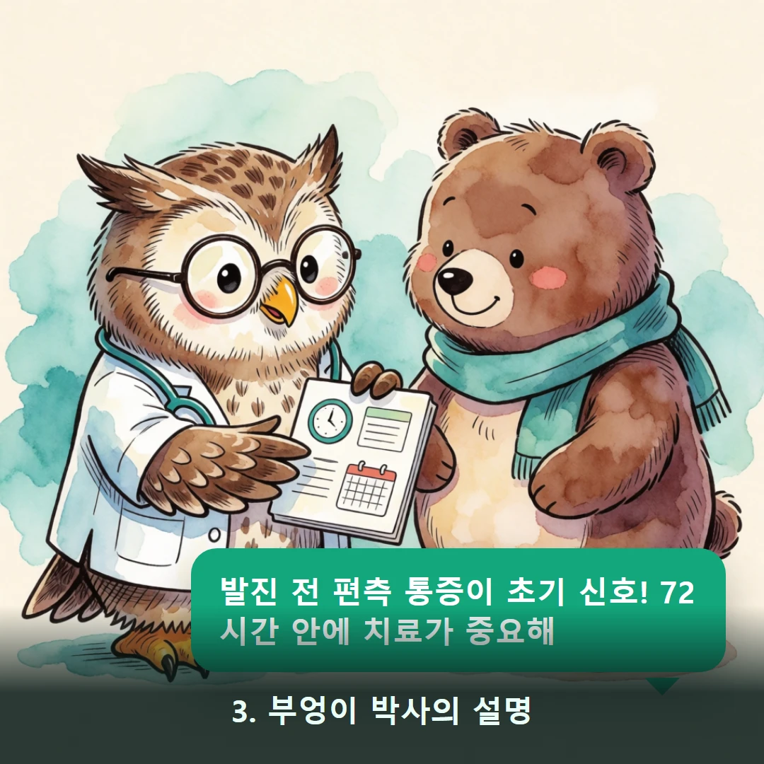 웹툰 3컷 — 3. 부엉이 박사의 설명 (발진 전 편측 통증이 초기 신호! 72시간 안에 치료가 중요해)