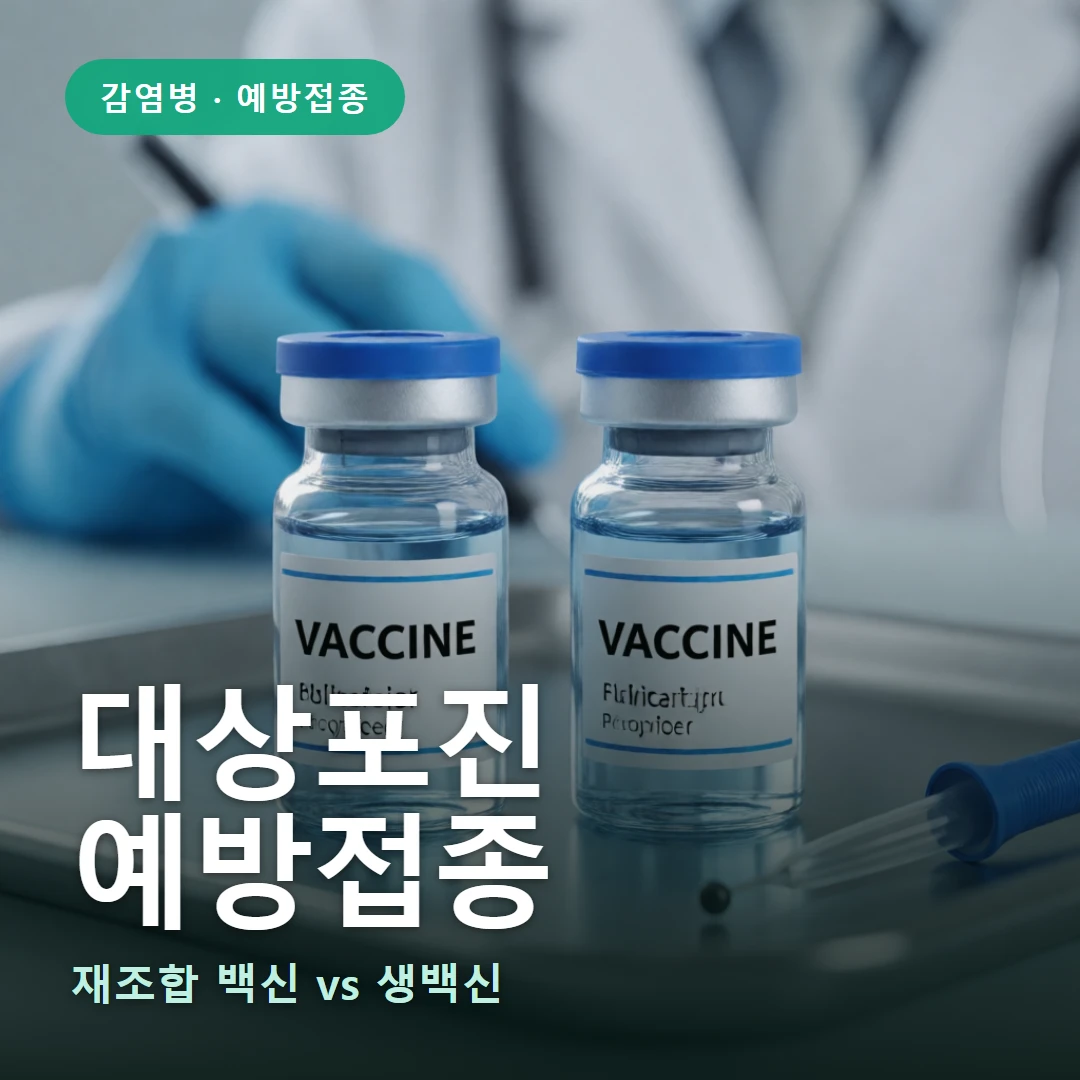 대상포진 예방접종 요약 표지 — 재조합 백신 vs 생백신