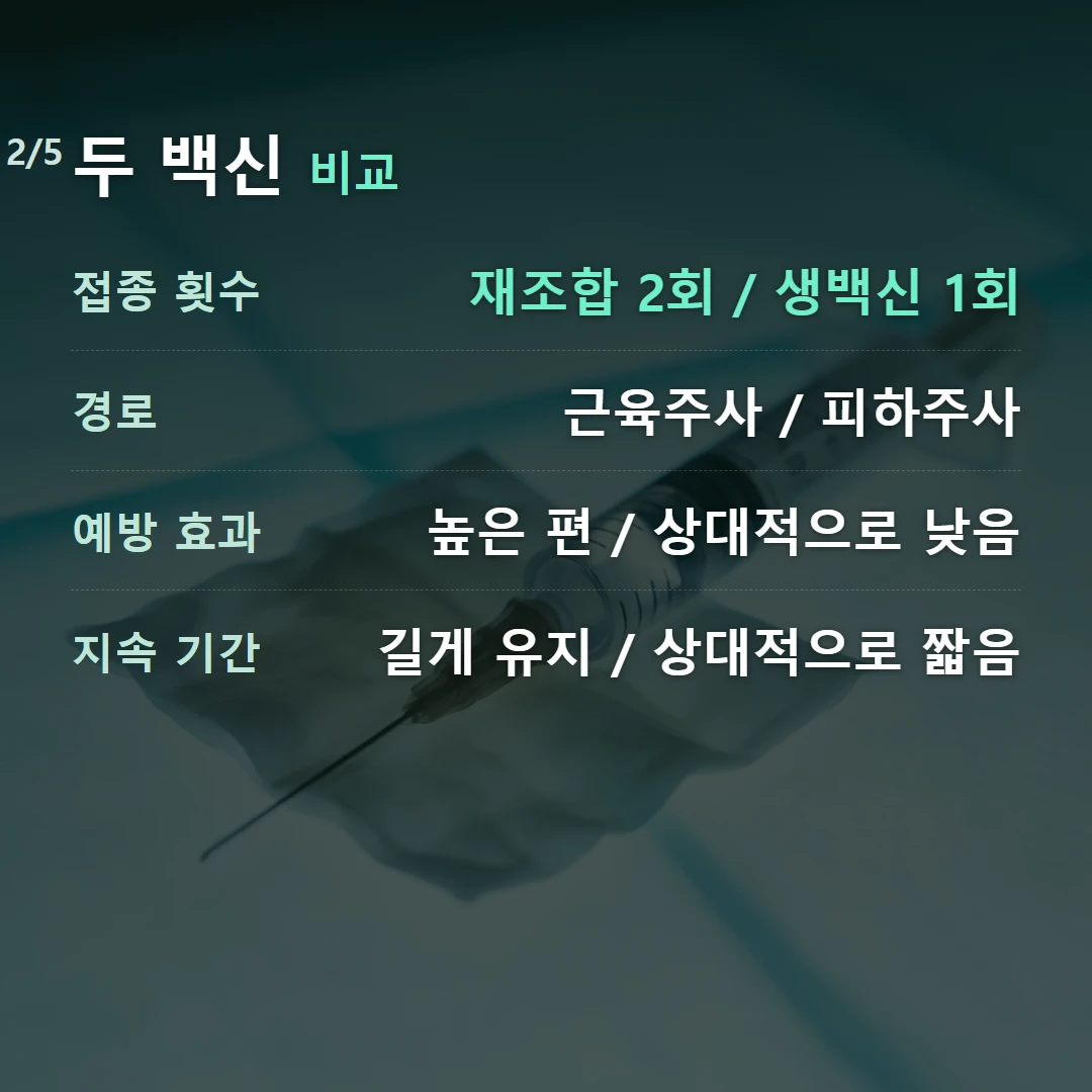 두 백신 비교 — 접종 횟수 재조합 2회 / 생백신 1회, 경로 근육주사 / 피하주사, 예방 효과 높은 편 / 상대적으로 낮음, 지속 기간 길게 유지 / 상대적으로 짧음