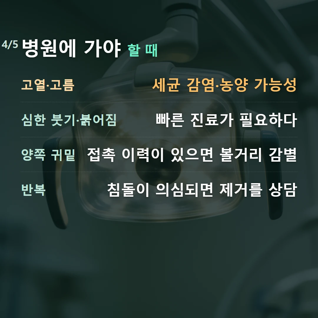 병원에 가야 할 때 — 고열·고름 세균 감염·농양 가능성, 심한 붓기·붉어짐 빠른 진료가 필요하다, 양쪽 귀밑 접촉 이력이 있으면 볼거리 감별, 반복 침돌이 의심되면 제거를 상담