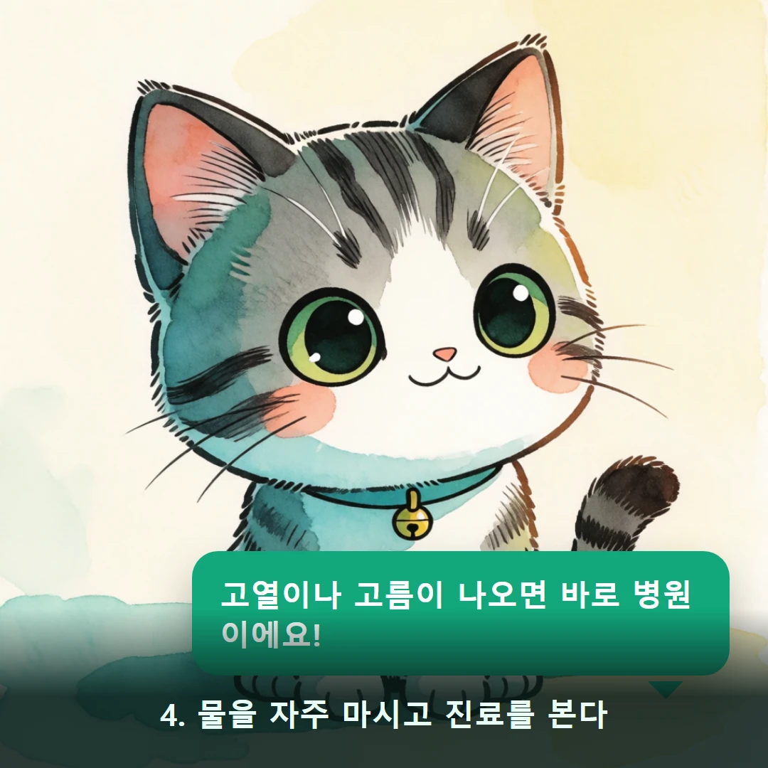 웹툰 4컷 — 4. 물을 자주 마시고 진료를 본다 (고열이나 고름이 나오면 바로 병원이에요!)