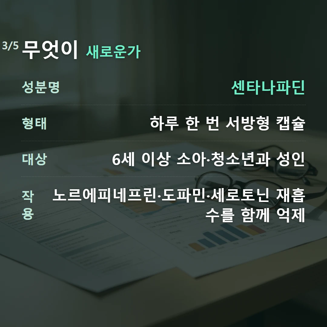 무엇이 새로운가 — 성분명 센타나파딘, 형태 하루 한 번 서방형 캡슐, 대상 6세 이상 소아·청소년과 성인, 작용 노르에피네프린·도파민·세로토닌 재흡수를 함께 억제