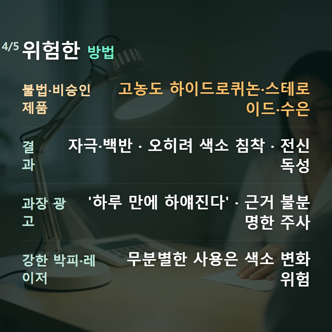 위험한 방법 — 불법·비승인 제품 고농도 하이드로퀴논·스테로이드·수은, 결과 자극·백반 · 오히려 색소 침착 · 전신 독성, 과장 광고 '하루 만에 하얘진다' · 근거 불분명한 주사, 강한 박피·레이저 무분별한 사용은 색소 변화 위험