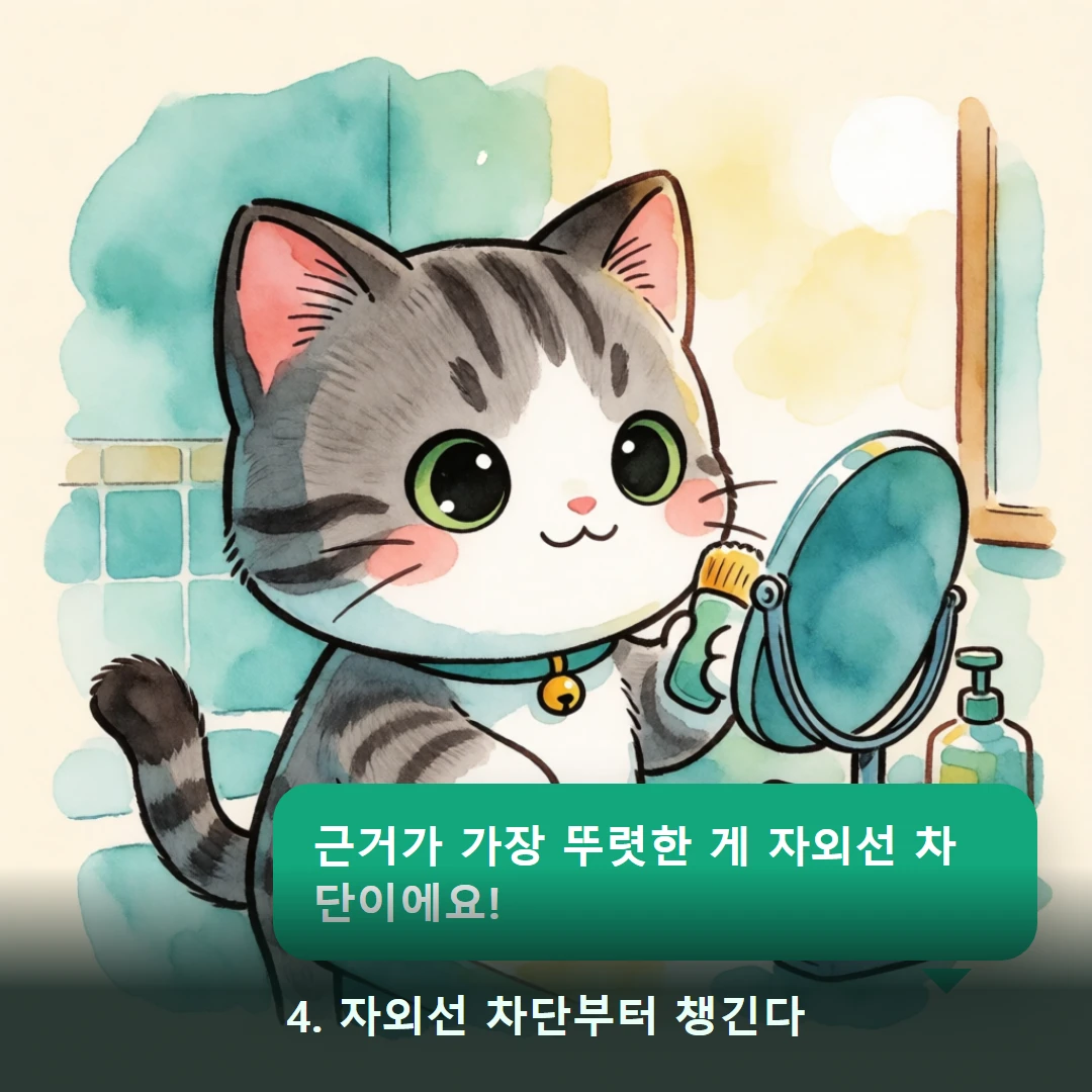 웹툰 4컷 — 4. 자외선 차단부터 챙긴다 (근거가 가장 뚜렷한 게 자외선 차단이에요!)