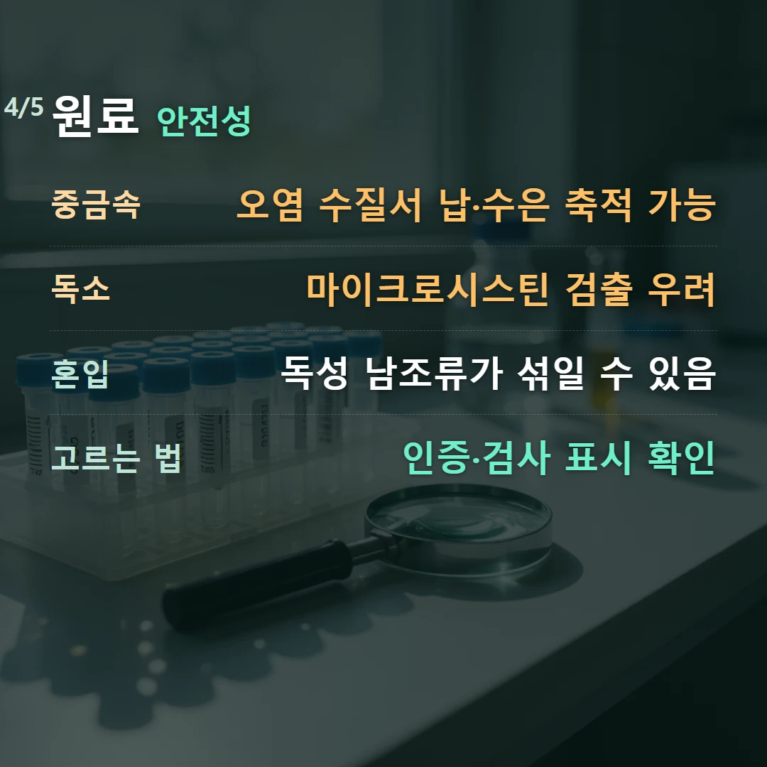 원료 안전성 — 중금속 오염 수질서 납·수은 축적 가능, 독소 마이크로시스틴 검출 우려, 혼입 독성 남조류가 섞일 수 있음, 고르는 법 인증·검사 표시 확인