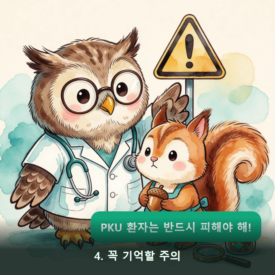 웹툰 4컷 — 4. 꼭 기억할 주의 (PKU 환자는 반드시 피해야 해!)