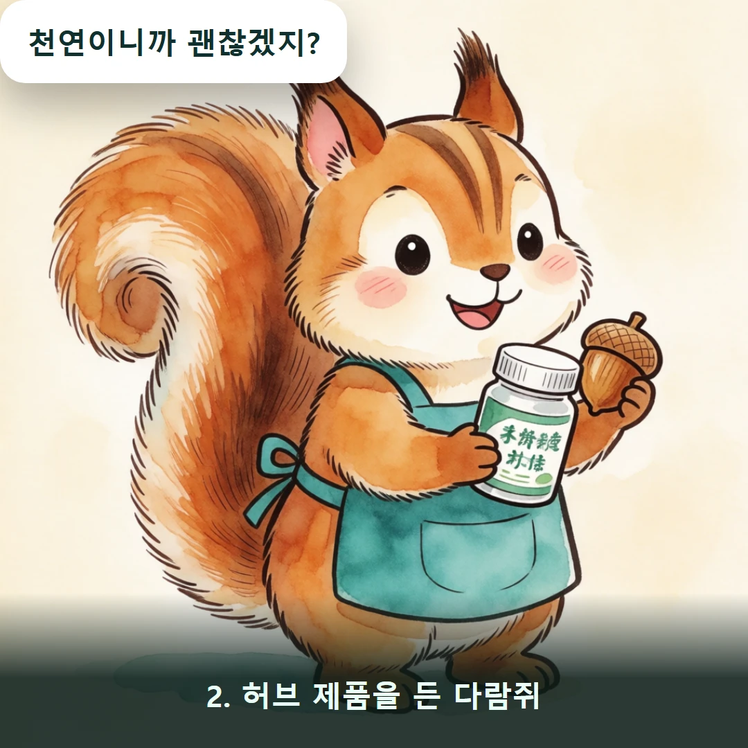 웹툰 2컷 — 2. 허브 제품을 든 다람쥐 (천연이니까 괜찮겠지?)