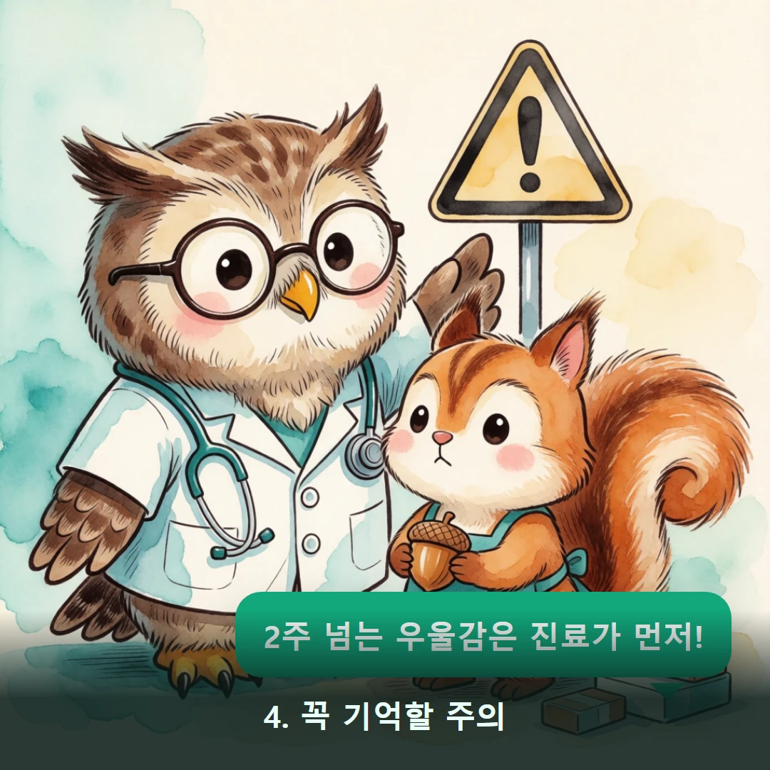 웹툰 4컷 — 4. 꼭 기억할 주의 (2주 넘는 우울감은 진료가 먼저!)