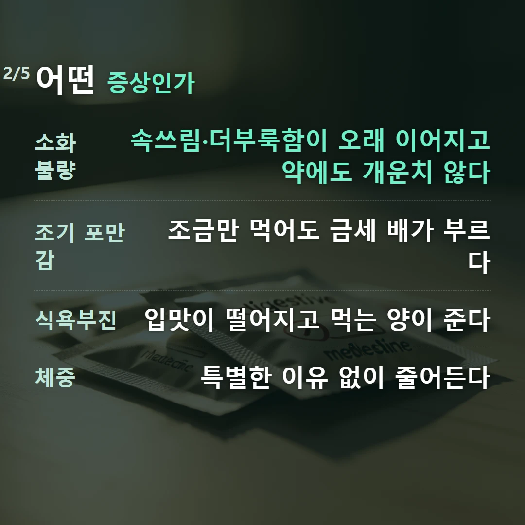 어떤 증상인가 — 소화불량 속쓰림·더부룩함이 오래 이어지고 약에도 개운치 않다, 조기 포만감 조금만 먹어도 금세 배가 부르다, 식욕부진 입맛이 떨어지고 먹는 양이 준다, 체중 특별한 이유 없이 줄어든다