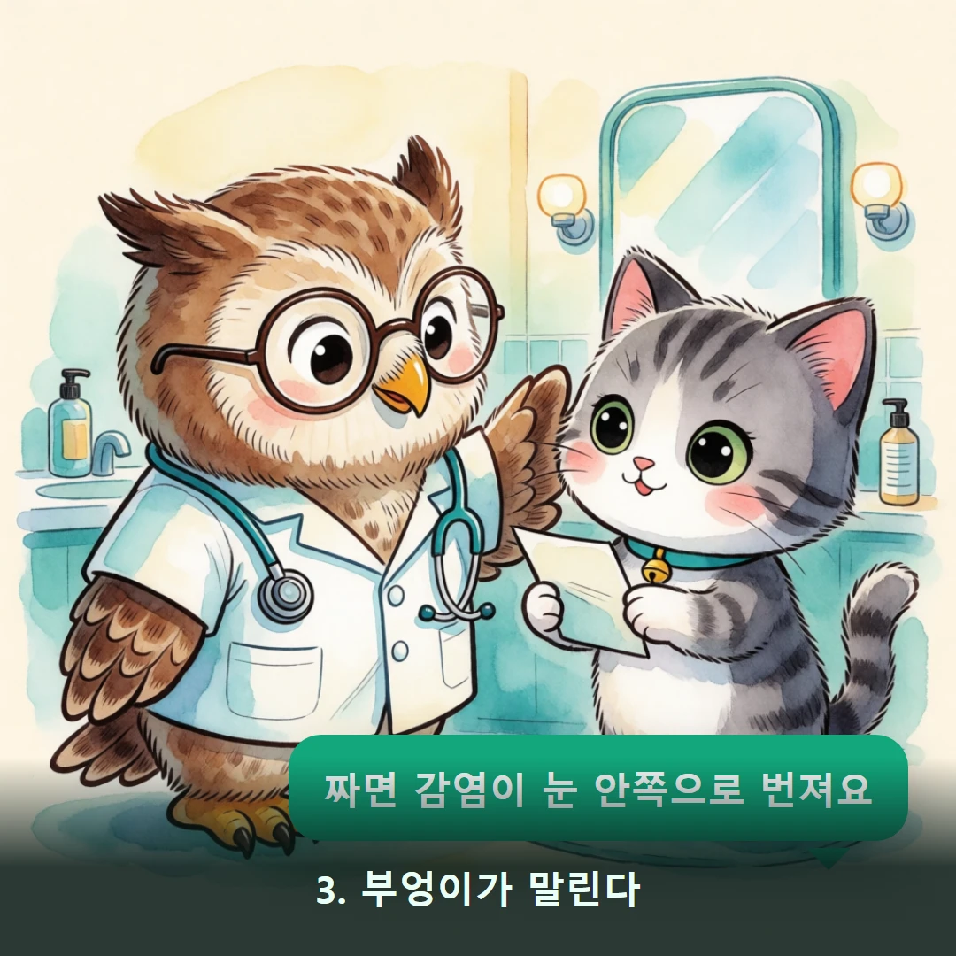 웹툰 3컷 — 3. 부엉이가 말린다 (짜면 감염이 눈 안쪽으로 번져요)