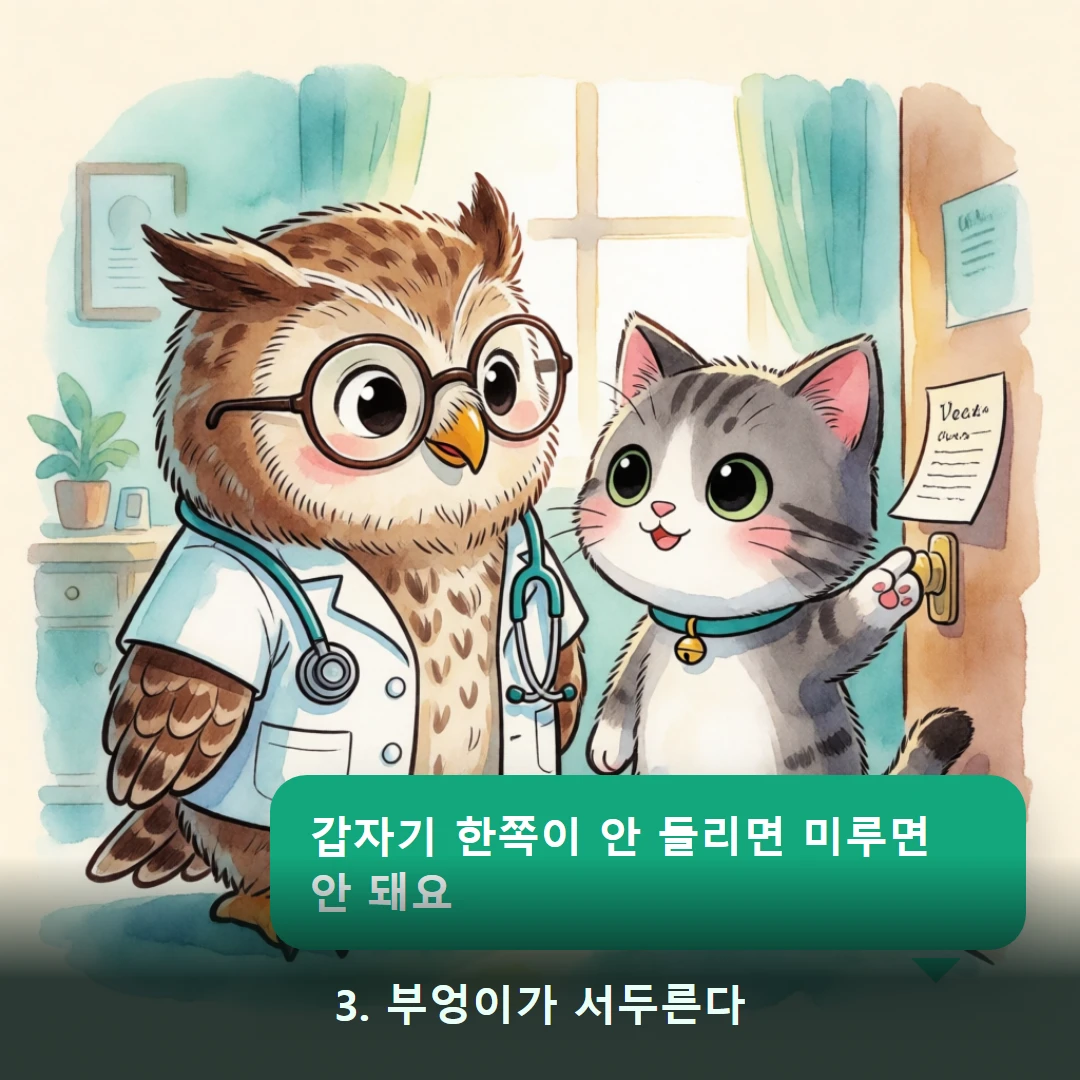 웹툰 3컷 — 3. 부엉이가 서두른다 (갑자기 한쪽이 안 들리면 미루면 안 돼요)
