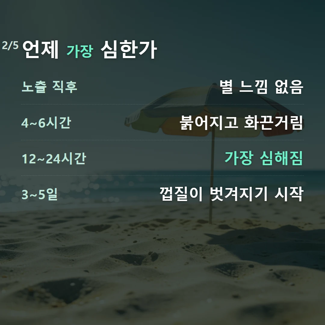 언제 가장 심한가 — 노출 직후 별 느낌 없음, 4~6시간 붉어지고 화끈거림, 12~24시간 가장 심해짐, 3~5일 껍질이 벗겨지기 시작
