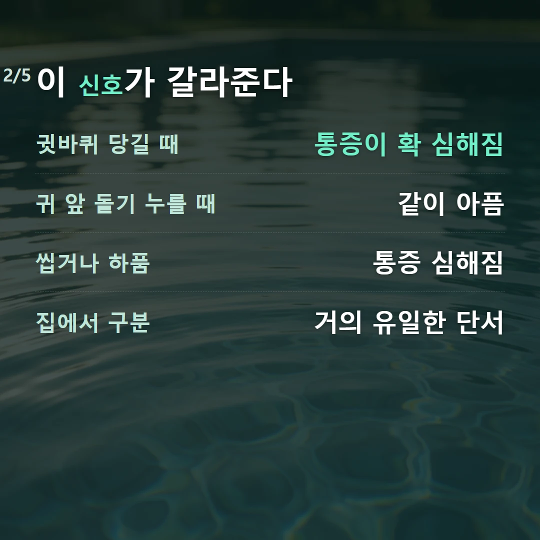 이 신호가 갈라준다 — 귓바퀴 당길 때 통증이 확 심해짐, 귀 앞 돌기 누를 때 같이 아픔, 씹거나 하품 통증 심해짐, 집에서 구분 거의 유일한 단서