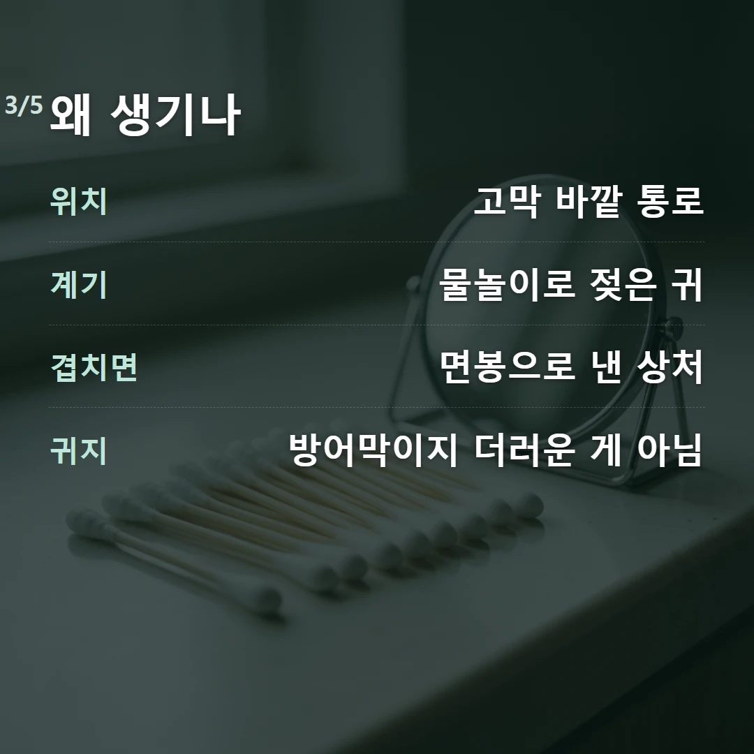 왜 생기나 — 위치 고막 바깥 통로, 계기 물놀이로 젖은 귀, 겹치면 면봉으로 낸 상처, 귀지 방어막이지 더러운 게 아님