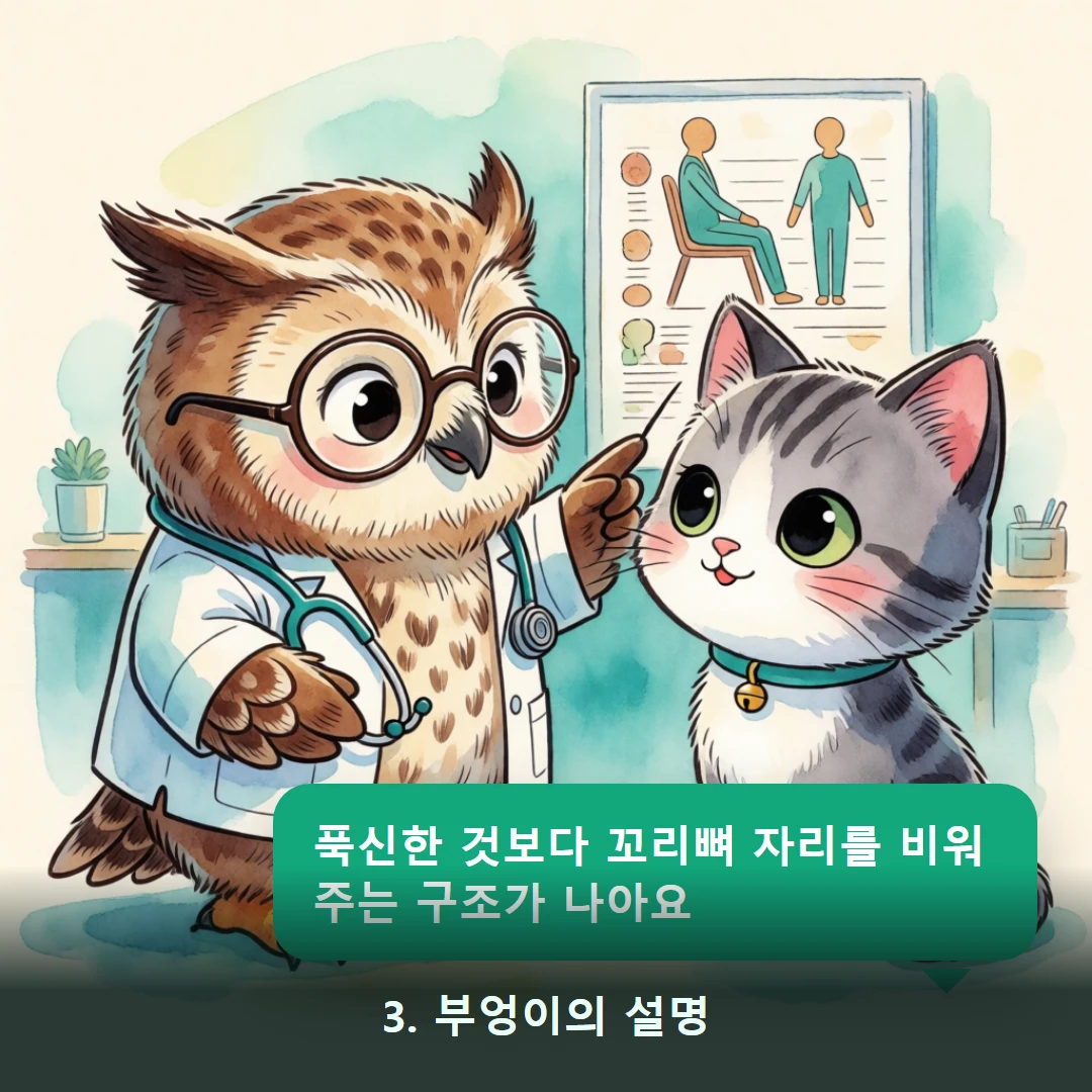 웹툰 3컷 — 3. 부엉이의 설명 (푹신한 것보다 꼬리뼈 자리를 비워주는 구조가 나아요)