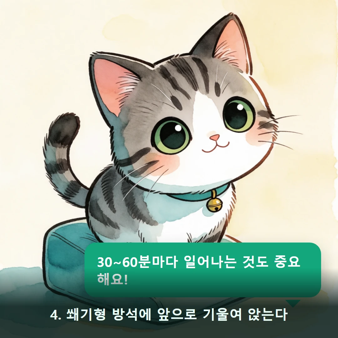 웹툰 4컷 — 4. 쐐기형 방석에 앞으로 기울여 앉는다 (30~60분마다 일어나는 것도 중요해요!)