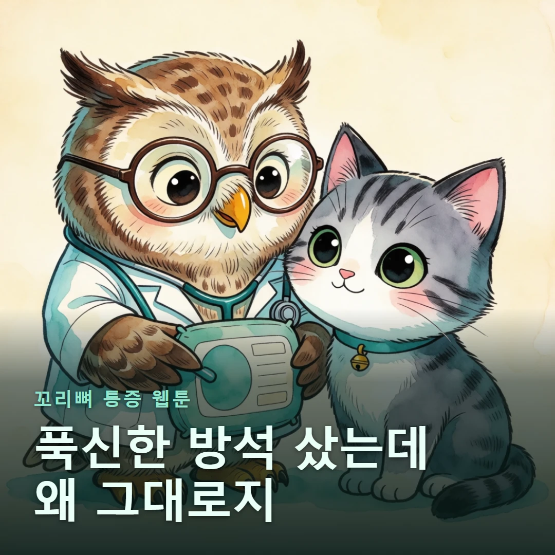 꼬리뼈 통증 웹툰 표지 — 푹신한 방석 샀는데 왜 그대로지