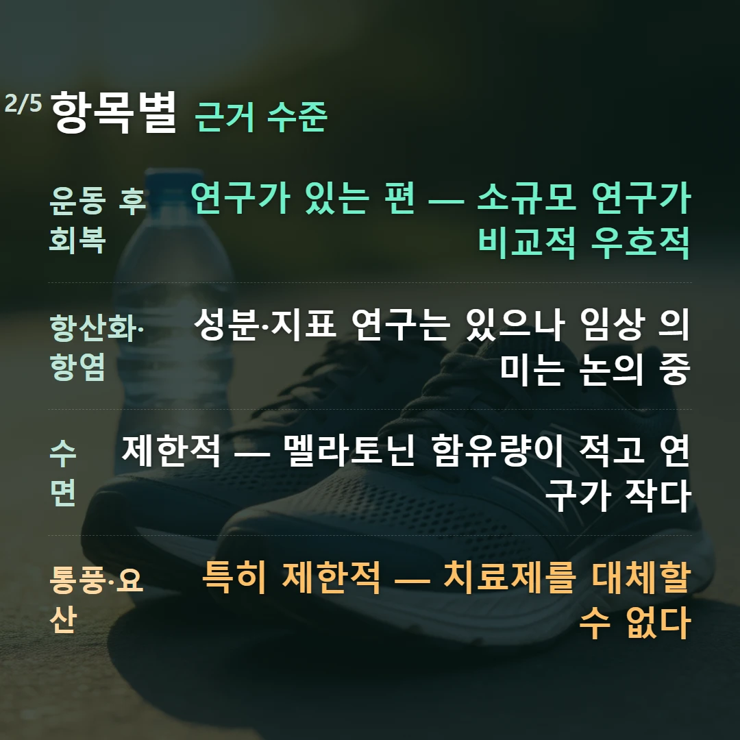 항목별 근거 수준 — 운동 후 회복 연구가 있는 편 — 소규모 연구가 비교적 우호적, 항산화·항염 성분·지표 연구는 있으나 임상 의미는 논의 중, 수면 제한적 — 멜라토닌 함유량이 적고 연구가 작다, 통풍·요산 특히 제한적 — 치료제를 대체할 수 없다