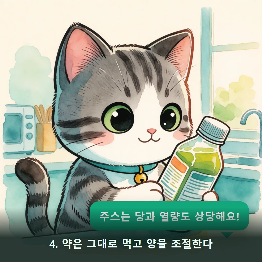 웹툰 4컷 — 4. 약은 그대로 먹고 양을 조절한다 (주스는 당과 열량도 상당해요!)