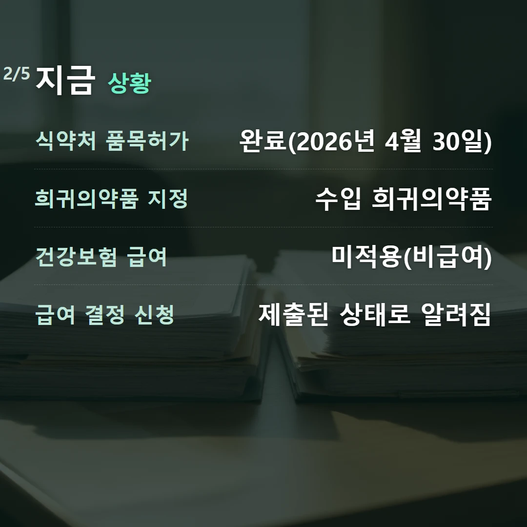 지금 상황 — 식약처 품목허가 완료(2026년 4월 30일), 희귀의약품 지정 수입 희귀의약품, 건강보험 급여 미적용(비급여), 급여 결정 신청 제출된 상태로 알려짐