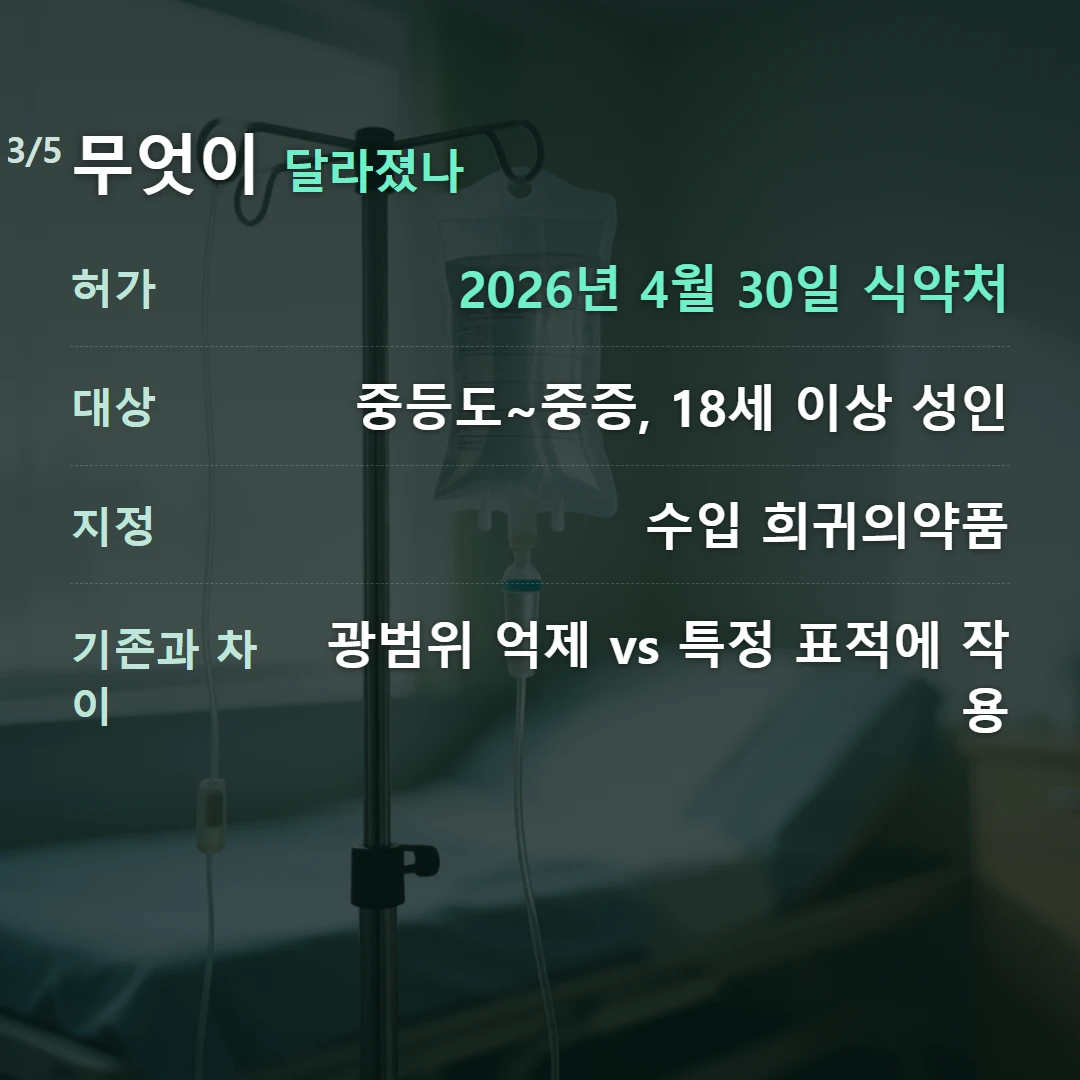 무엇이 달라졌나 — 허가 2026년 4월 30일 식약처, 대상 중등도~중증, 18세 이상 성인, 지정 수입 희귀의약품, 기존과 차이 광범위 억제 vs 특정 표적에 작용