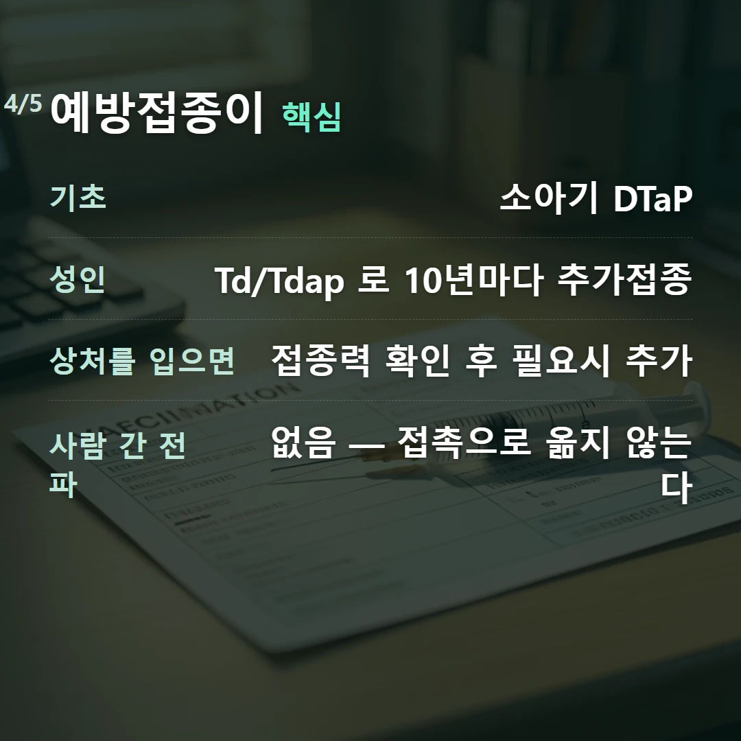 예방접종이 핵심 — 기초 소아기 DTaP, 성인 Td/Tdap 로 10년마다 추가접종, 상처를 입으면 접종력 확인 후 필요시 추가, 사람 간 전파 없음 — 접촉으로 옮지 않는다