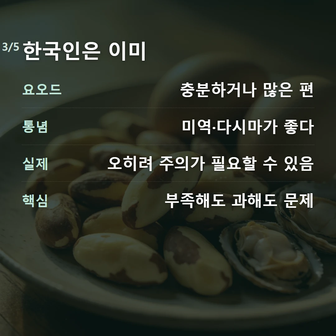 한국인은 이미 — 요오드 충분하거나 많은 편, 통념 미역·다시마가 좋다, 실제 오히려 주의가 필요할 수 있음, 핵심 부족해도 과해도 문제