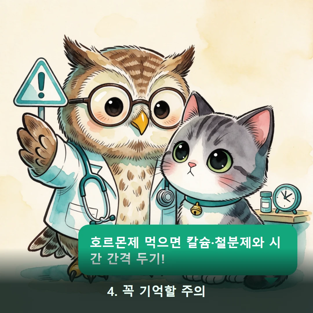웹툰 4컷 — 4. 꼭 기억할 주의 (호르몬제 먹으면 칼슘·철분제와 시간 간격 두기!)
