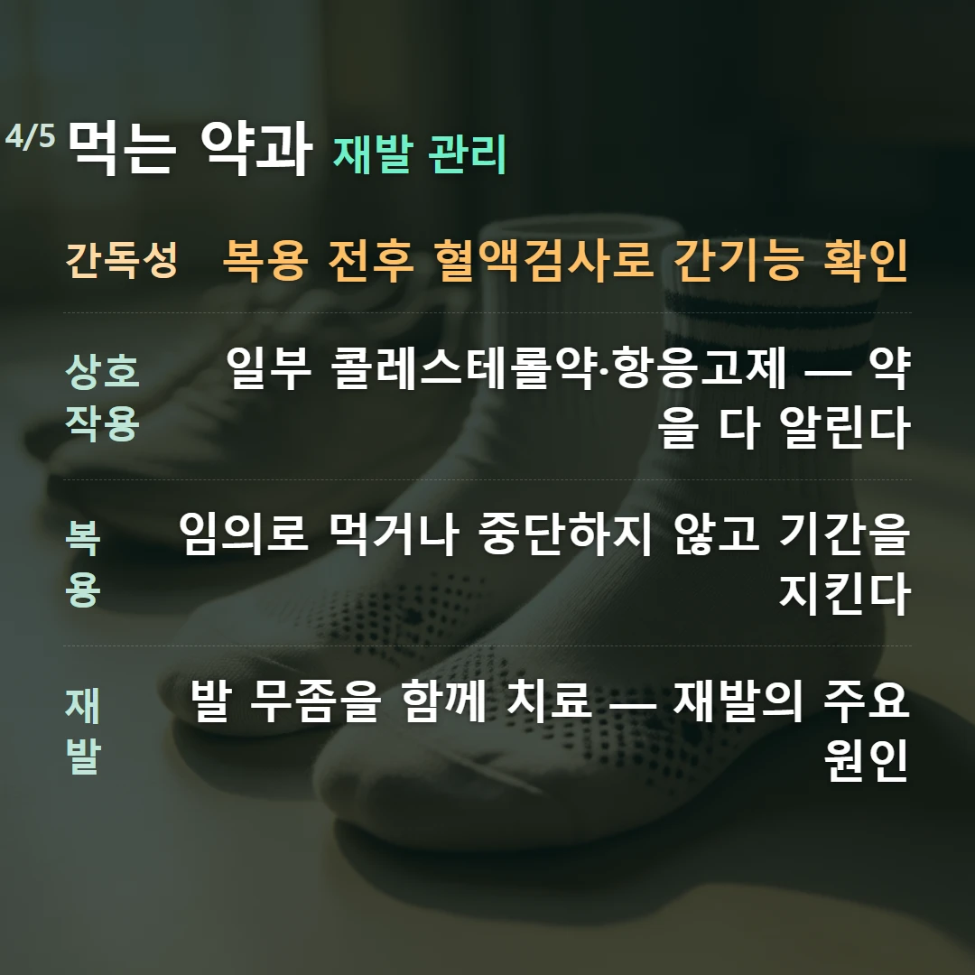 먹는 약과 재발 관리 — 간독성 복용 전후 혈액검사로 간기능 확인, 상호작용 일부 콜레스테롤약·항응고제 — 약을 다 알린다, 복용 임의로 먹거나 중단하지 않고 기간을 지킨다, 재발 발 무좀을 함께 치료 — 재발의 주요 원인