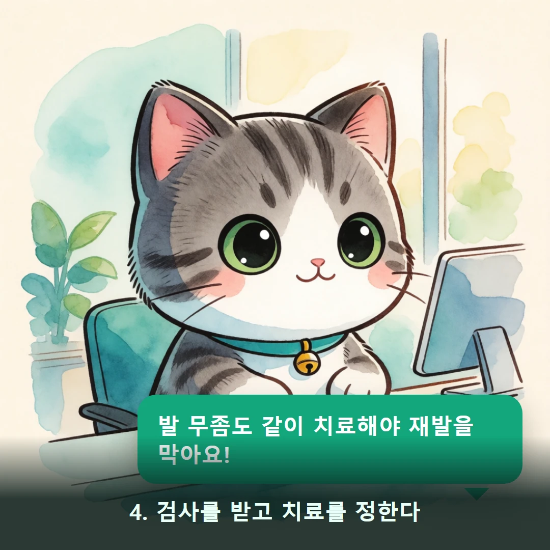 웹툰 4컷 — 4. 검사를 받고 치료를 정한다 (발 무좀도 같이 치료해야 재발을 막아요!)