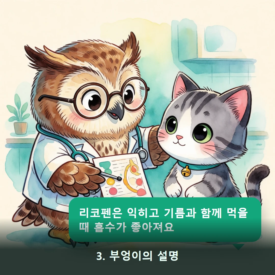 웹툰 3컷 — 3. 부엉이의 설명 (리코펜은 익히고 기름과 함께 먹을 때 흡수가 좋아져요)