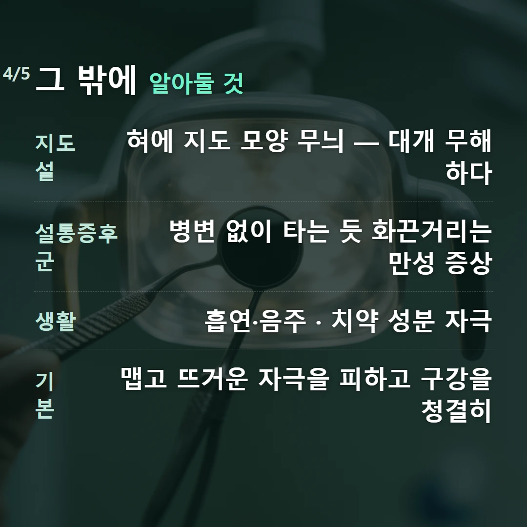 그 밖에 알아둘 것 — 지도설 혀에 지도 모양 무늬 — 대개 무해하다, 설통증후군 병변 없이 타는 듯 화끈거리는 만성 증상, 생활 흡연·음주 · 치약 성분 자극, 기본 맵고 뜨거운 자극을 피하고 구강을 청결히