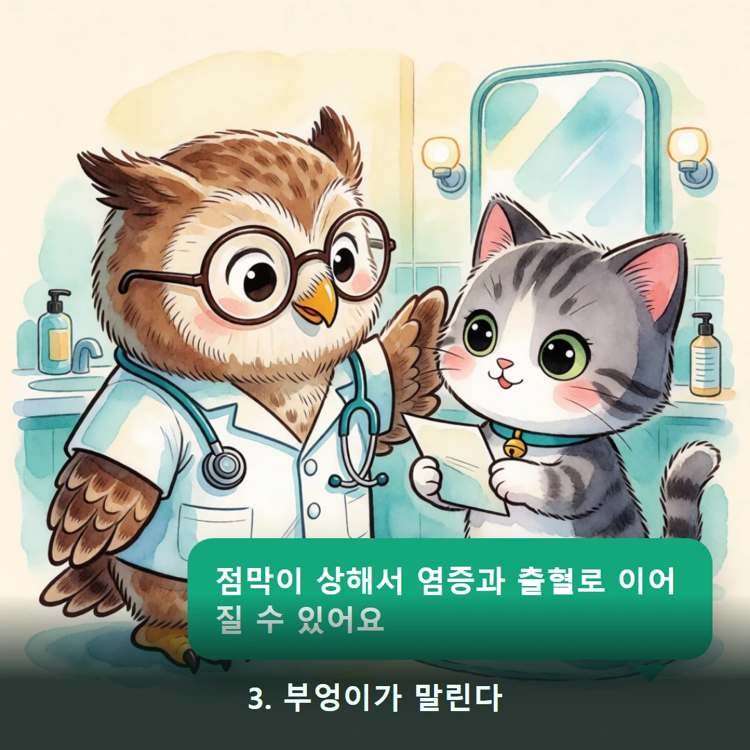 웹툰 3컷 — 3. 부엉이가 말린다 (점막이 상해서 염증과 출혈로 이어질 수 있어요)
