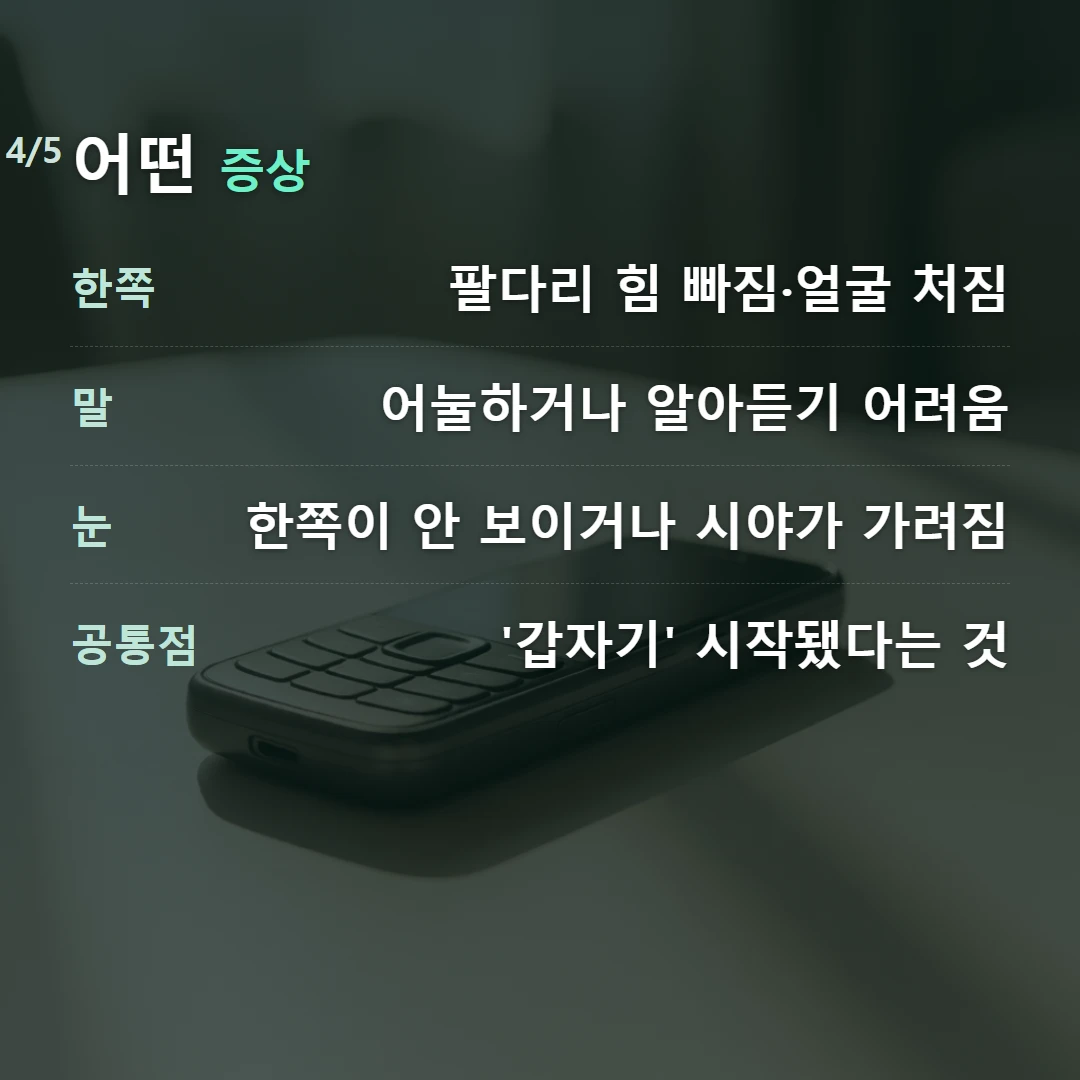 어떤 증상 — 한쪽 팔다리 힘 빠짐·얼굴 처짐, 말 어눌하거나 알아듣기 어려움, 눈 한쪽이 안 보이거나 시야가 가려짐, 공통점 '갑자기' 시작됐다는 것