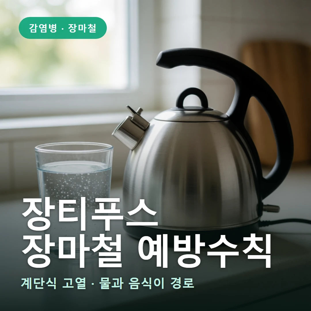 장티푸스 요약 표지 — 계단식 고열 · 물과 음식이 경로