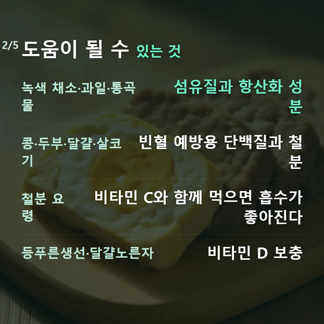 도움이 될 수 있는 것 — 녹색 채소·과일·통곡물 섬유질과 항산화 성분, 콩·두부·달걀·살코기 빈혈 예방용 단백질과 철분, 철분 요령 비타민 C와 함께 먹으면 흡수가 좋아진다, 등푸른생선·달걀노른자 비타민 D 보충