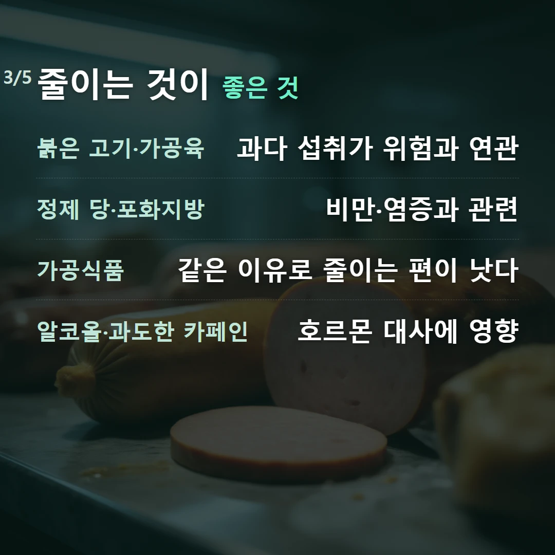 줄이는 것이 좋은 것 — 붉은 고기·가공육 과다 섭취가 위험과 연관, 정제 당·포화지방 비만·염증과 관련, 가공식품 같은 이유로 줄이는 편이 낫다, 알코올·과도한 카페인 호르몬 대사에 영향