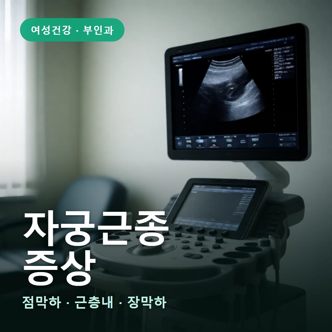 자궁근종 증상 요약 표지 — 점막하 · 근층내 · 장막하