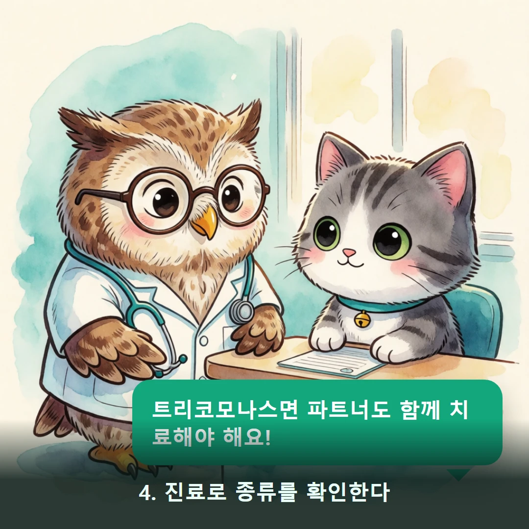 웹툰 4컷 — 4. 진료로 종류를 확인한다 (트리코모나스면 파트너도 함께 치료해야 해요!)