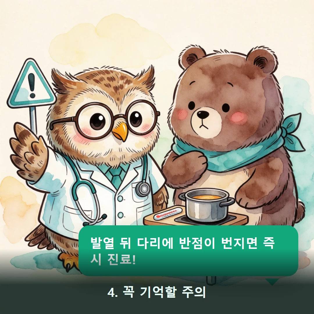 웹툰 4컷 — 4. 꼭 기억할 주의 (발열 뒤 다리에 반점이 번지면 즉시 진료!)