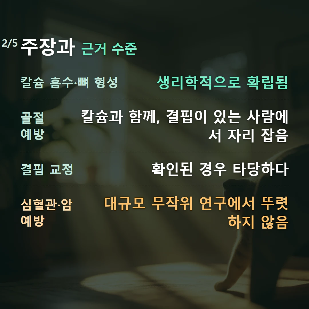 주장과 근거 수준 — 칼슘 흡수·뼈 형성 생리학적으로 확립됨, 골절 예방 칼슘과 함께, 결핍이 있는 사람에서 자리 잡음, 결핍 교정 확인된 경우 타당하다, 심혈관·암 예방 대규모 무작위 연구에서 뚜렷하지 않음