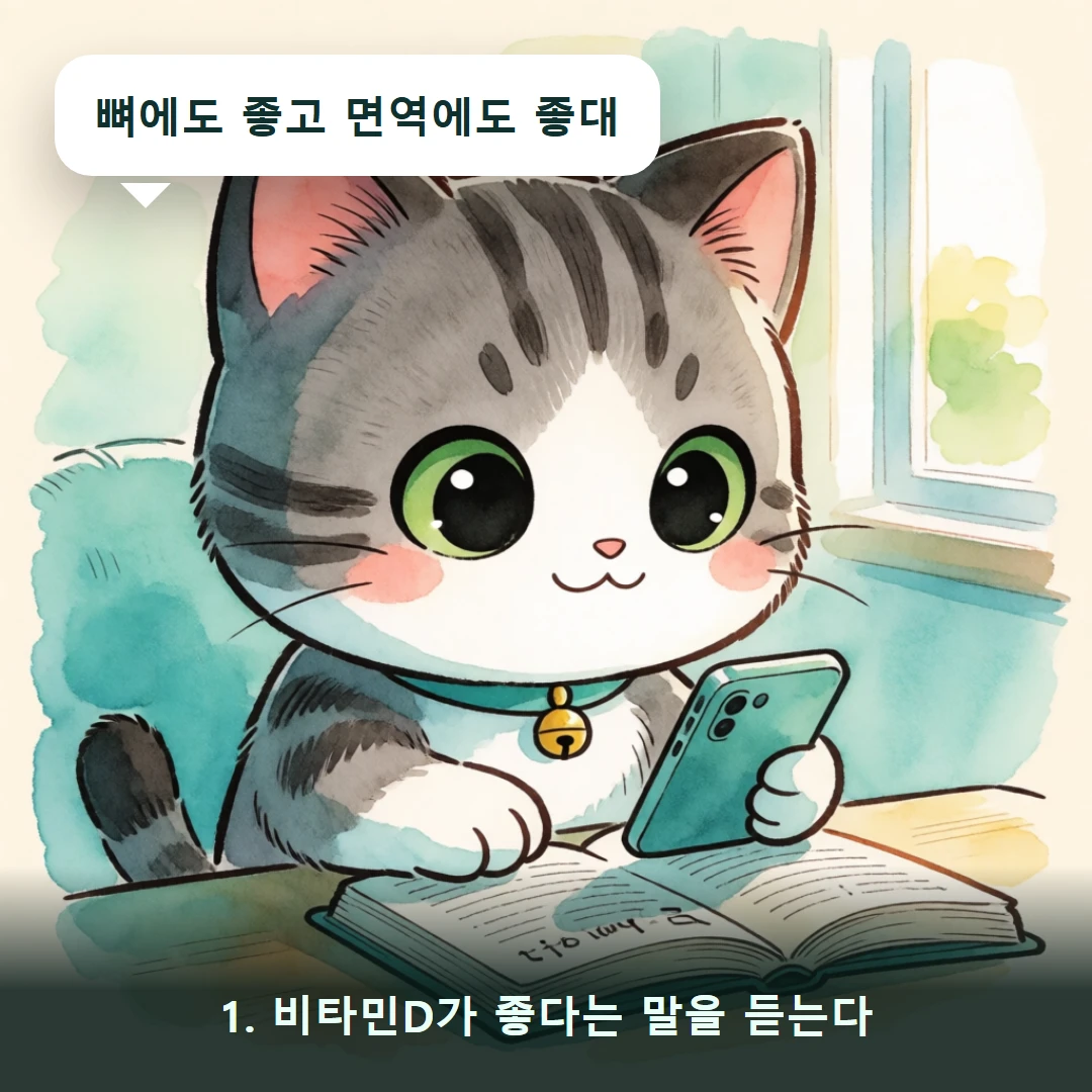 웹툰 1컷 — 1. 비타민D가 좋다는 말을 듣는다 (뼈에도 좋고 면역에도 좋대)