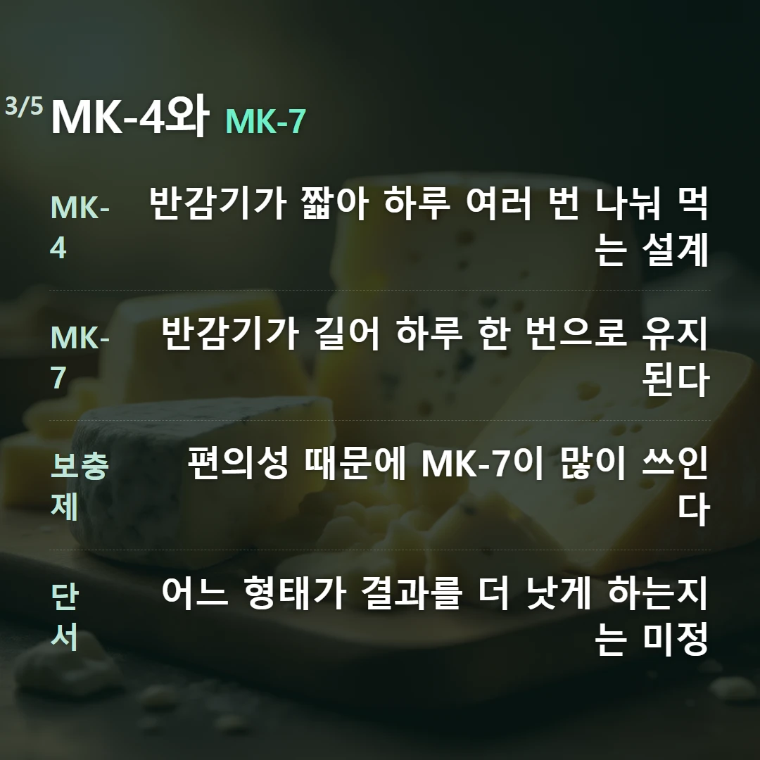 MK-4와 MK-7 — MK-4 반감기가 짧아 하루 여러 번 나눠 먹는 설계, MK-7 반감기가 길어 하루 한 번으로 유지된다, 보충제 편의성 때문에 MK-7이 많이 쓰인다, 단서 어느 형태가 결과를 더 낫게 하는지는 미정