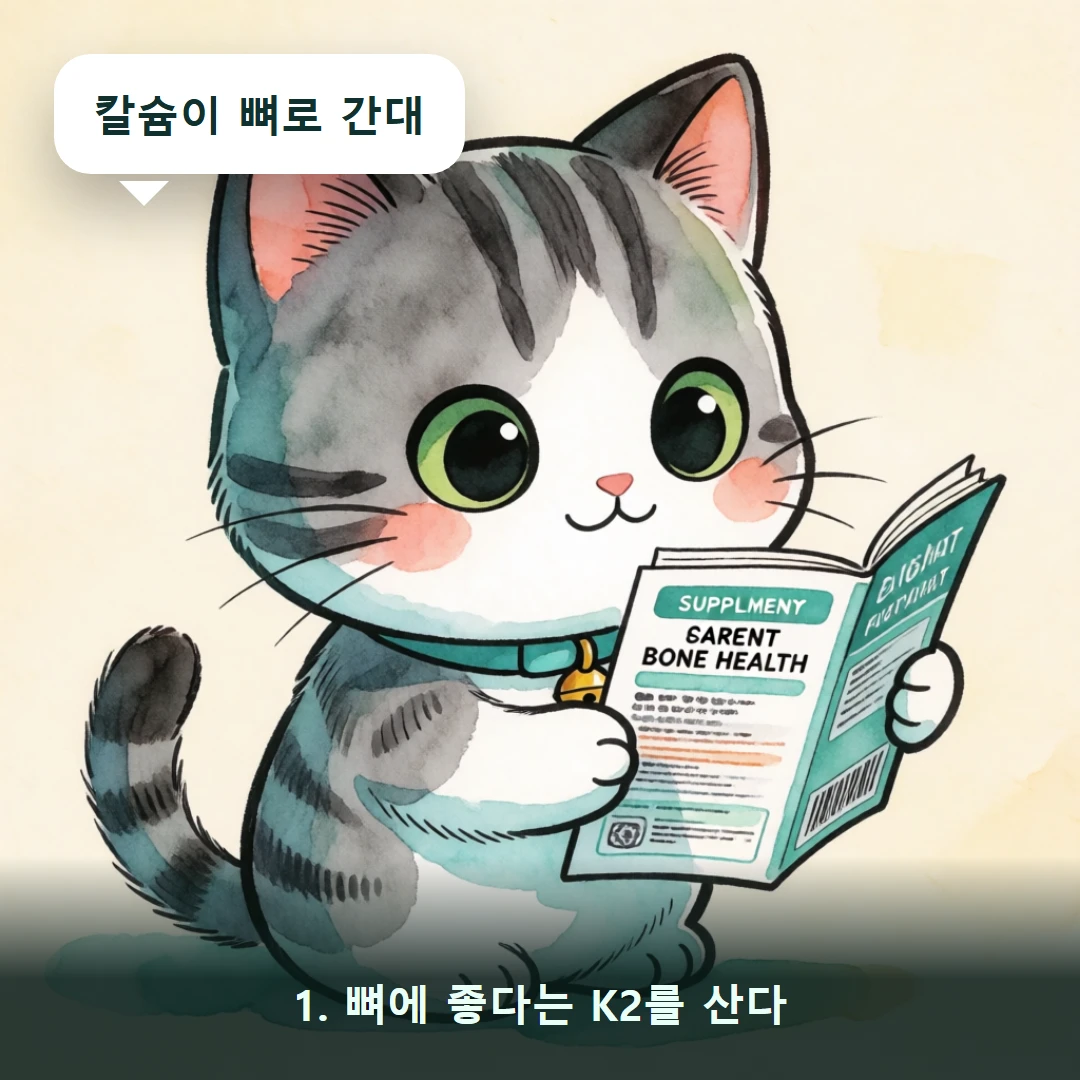 웹툰 1컷 — 1. 뼈에 좋다는 K2를 산다 (칼슘이 뼈로 간대)